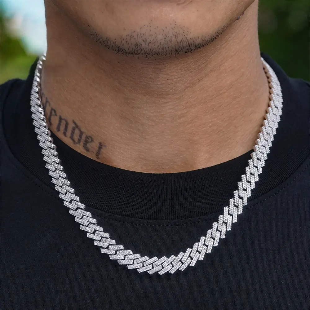 10MM S925 Silver 2 Rows VVS Moissanite Straight Edge Cuban Link Chain