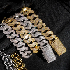 GL 15mm Iced Out Cuban 4 Rows of Stones Link Chain Bracelet Necklace