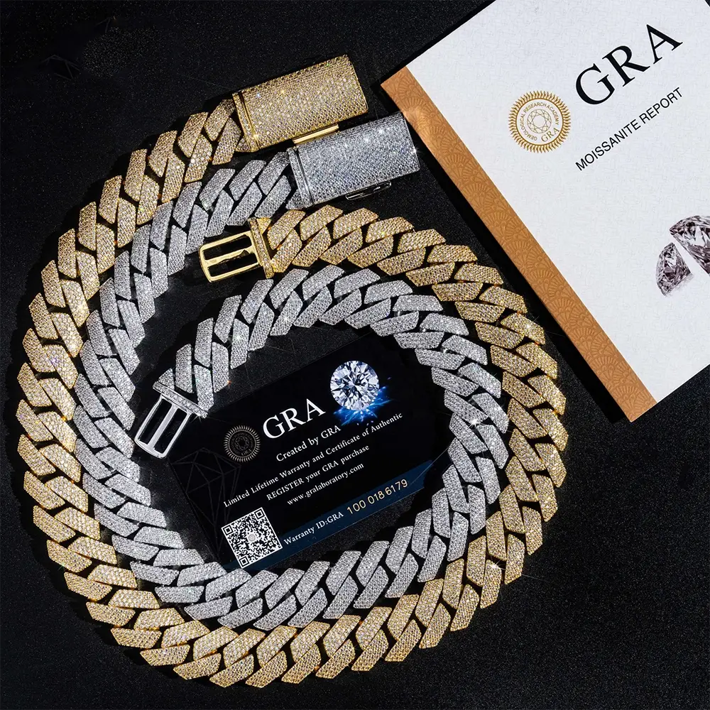 GL 15mm Iced Out Cuban 4 Rows of Stones Link Chain Bracelet Necklace