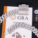 Iced out moissanite Cuban link chain with GRA certification cards on black background