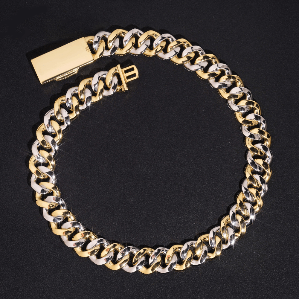 15MM S925 Silver Two Tone Rectangle&Round VVS Moissanite Miami Cuban Chain Necklace