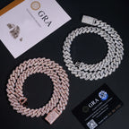 Two iced out Cuban link chains, one rose gold and one silver, with moissanite certificate cards.