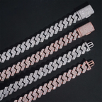 Iced out Cuban link bracelets with diamond-like stones in silver and rose gold on black background
