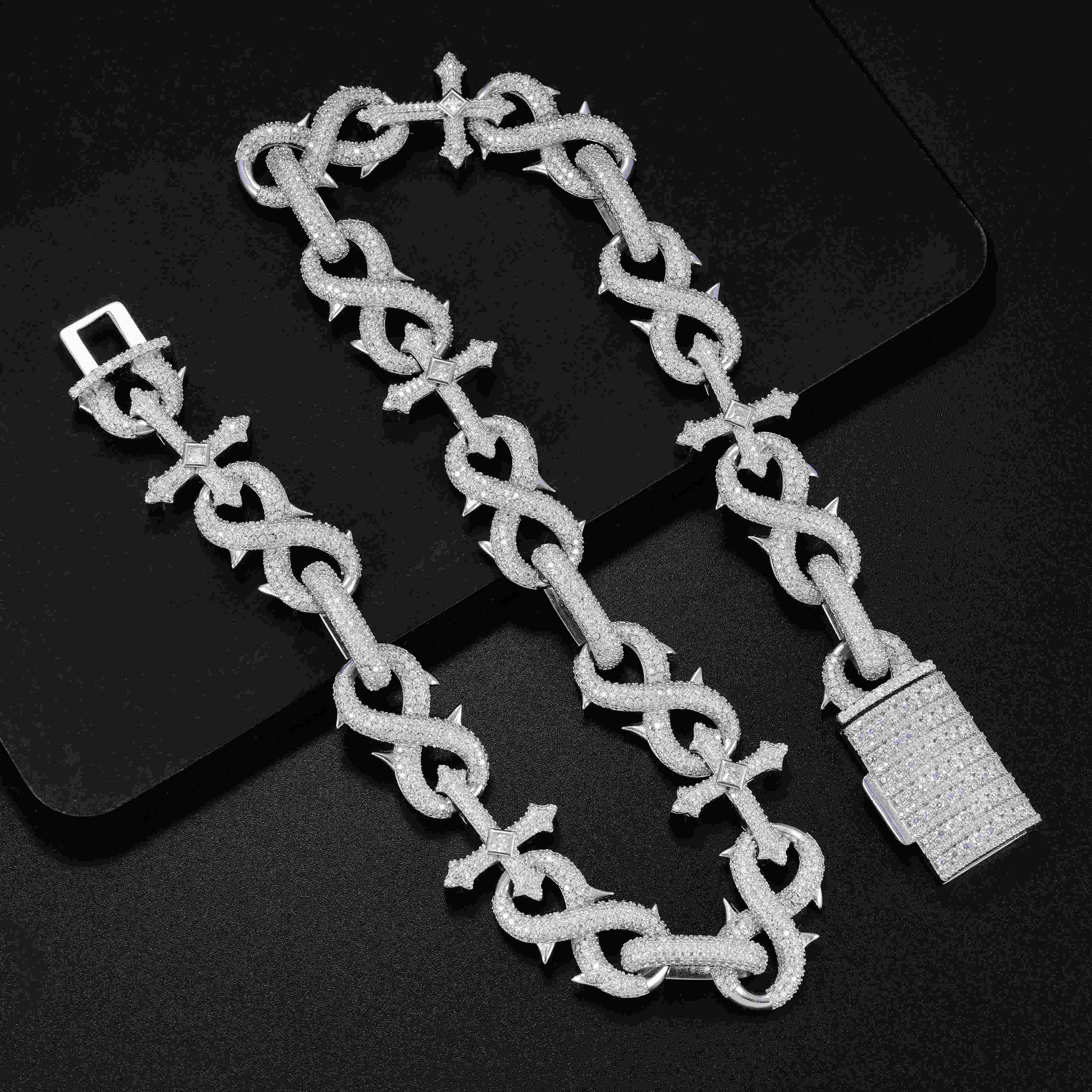 21.4MM S925 Silver Infinity Cross Charm VVS Moissanite Cuban Chain Necklace