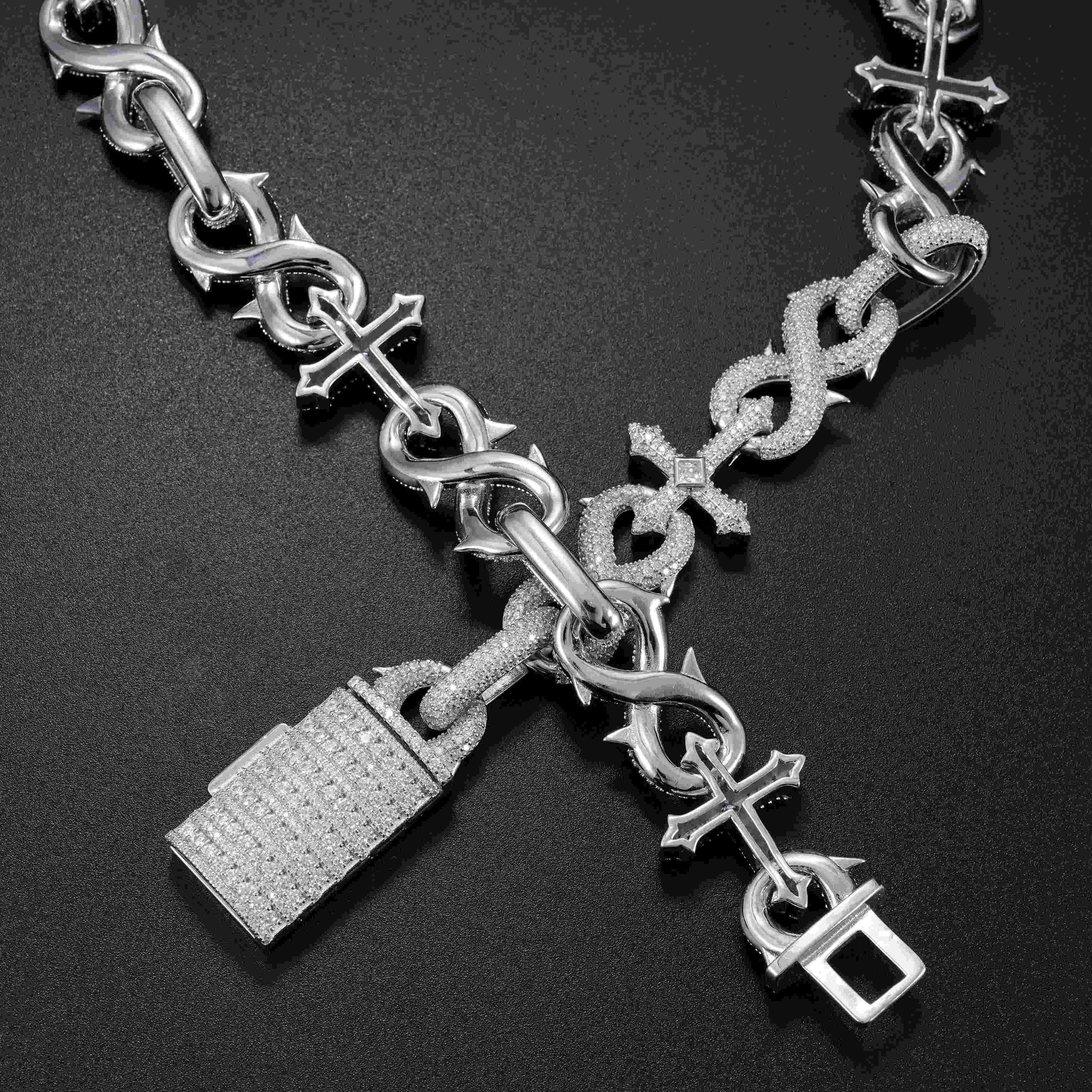 21.4MM S925 Silver Infinity Cross Charm VVS Moissanite Cuban Chain Necklace