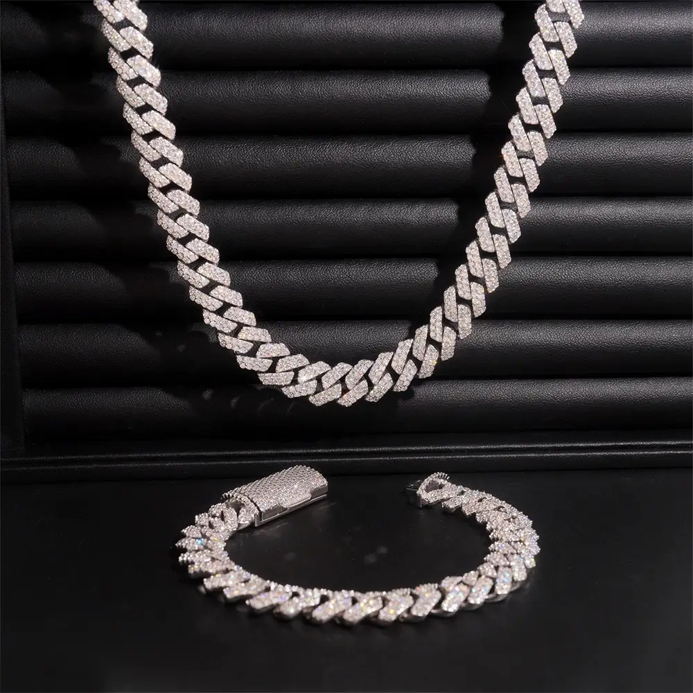 12MM S925 Silver 2 Rows VVS Moissnaite Drill Rhomb-edged Cuban Link Chain
