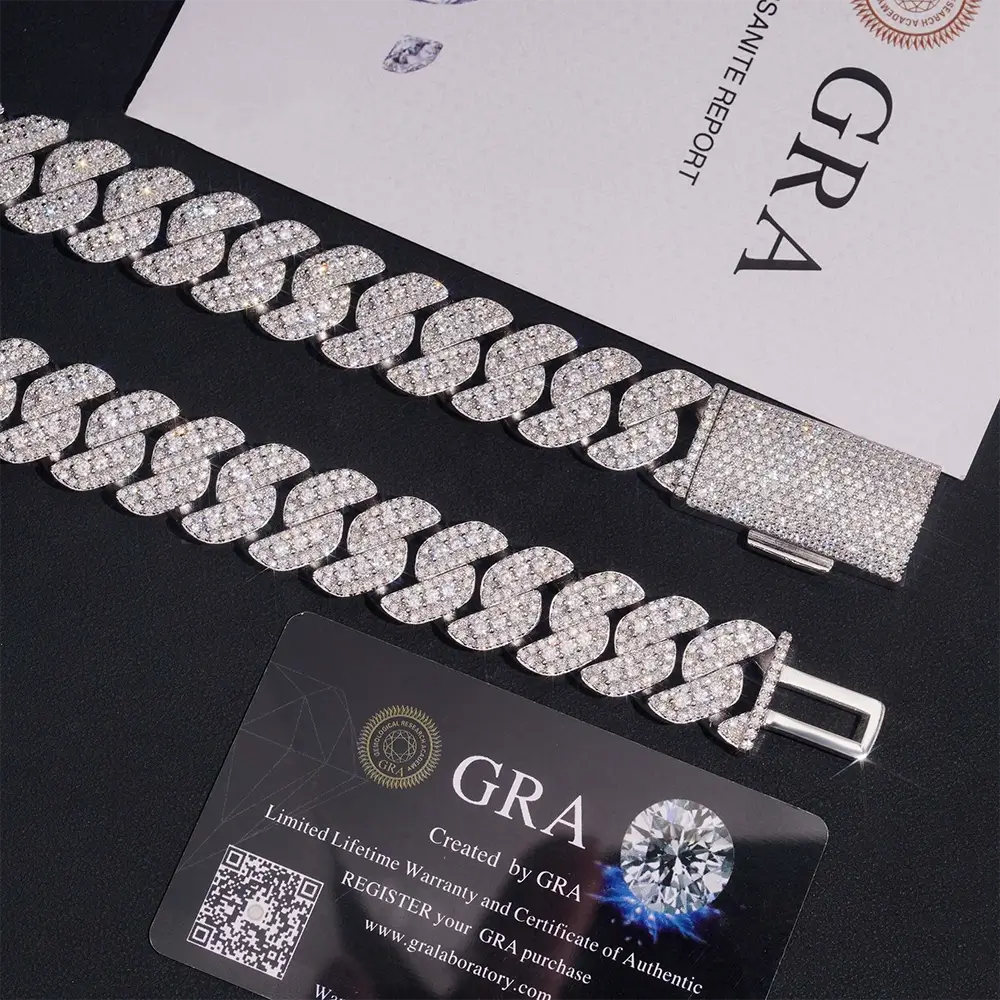 Cuban link chain bracelet with lab diamonds, iced out, on black background with certificate