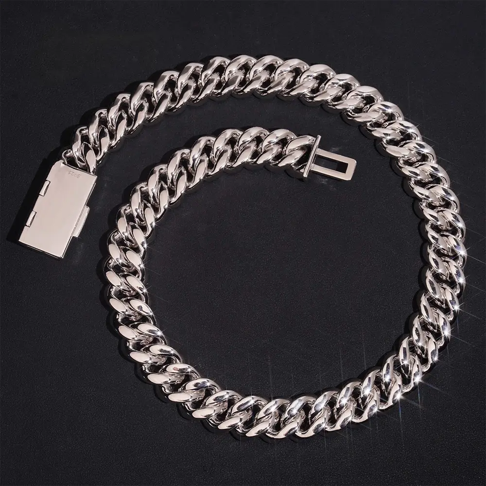 Silver Cuban link chain necklace with box clasp on black background, chunky jewelry