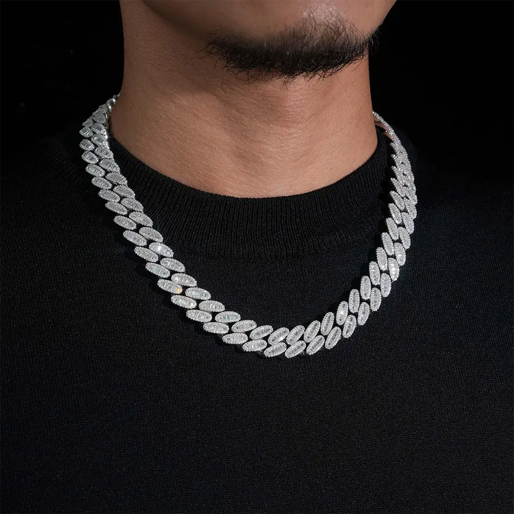15MM S925 Silver Oval Baguette VVS Moissanite Cuban Link Chain