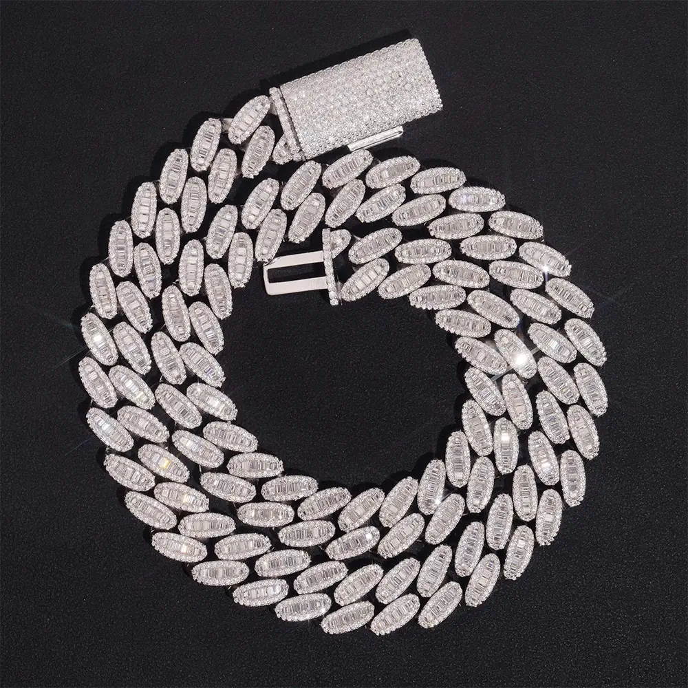 15MM S925 Silver Oval Baguette VVS Moissanite Cuban Link Chain