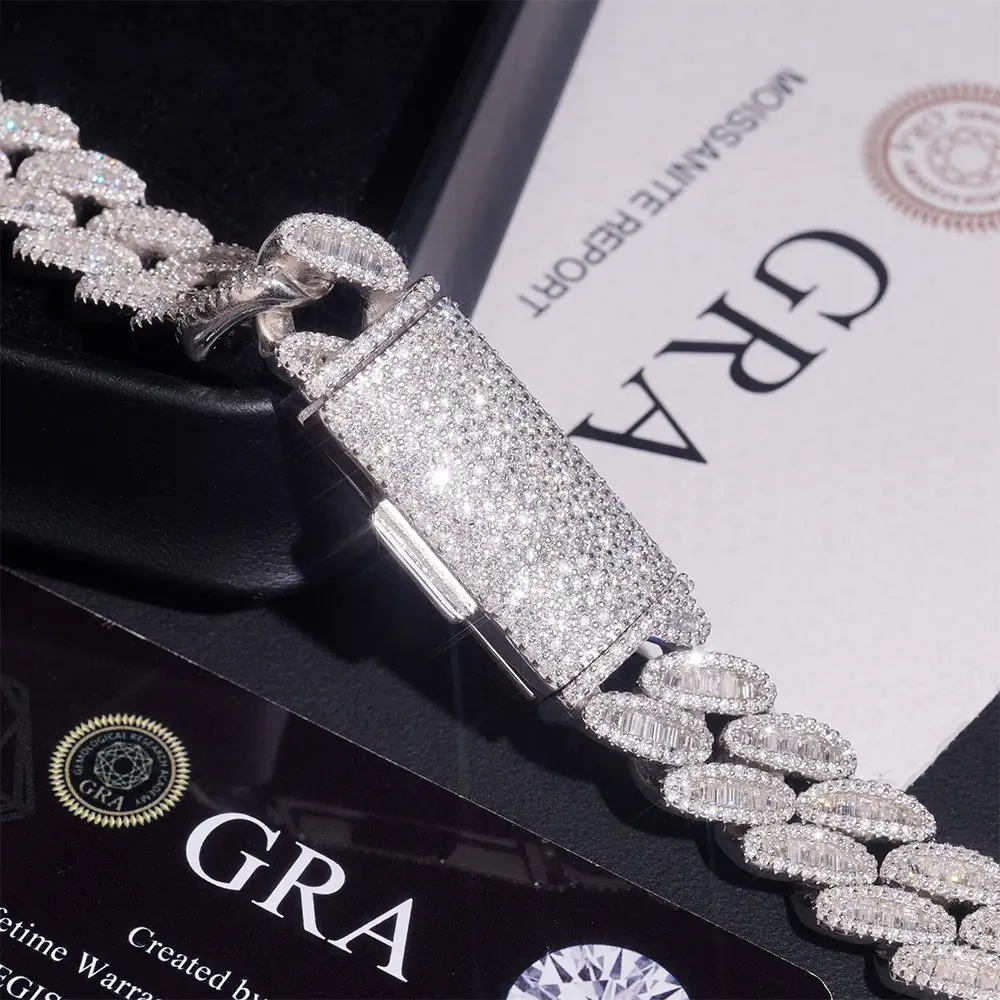 15MM S925 Silver Oval Baguette VVS Moissanite Cuban Link Chain