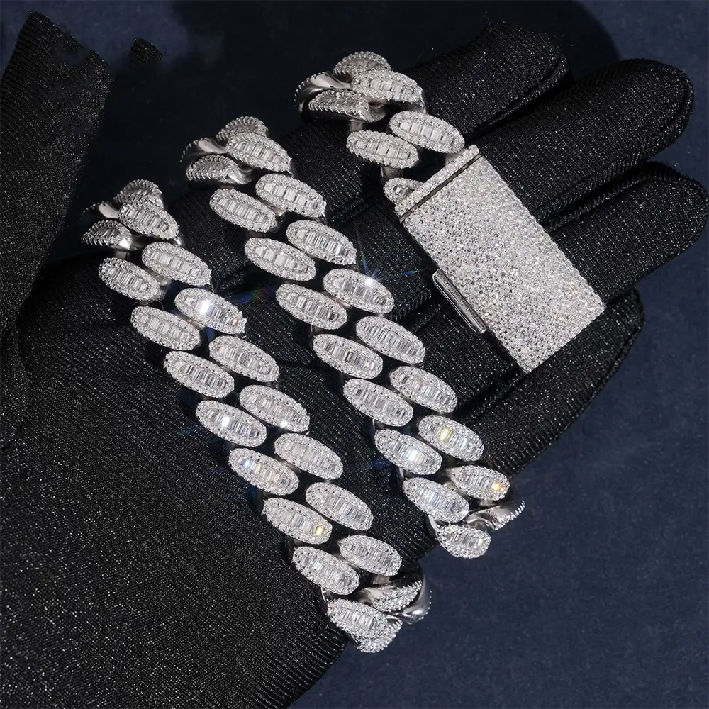 15MM S925 Silver Oval Baguette VVS Moissanite Cuban Link Chain