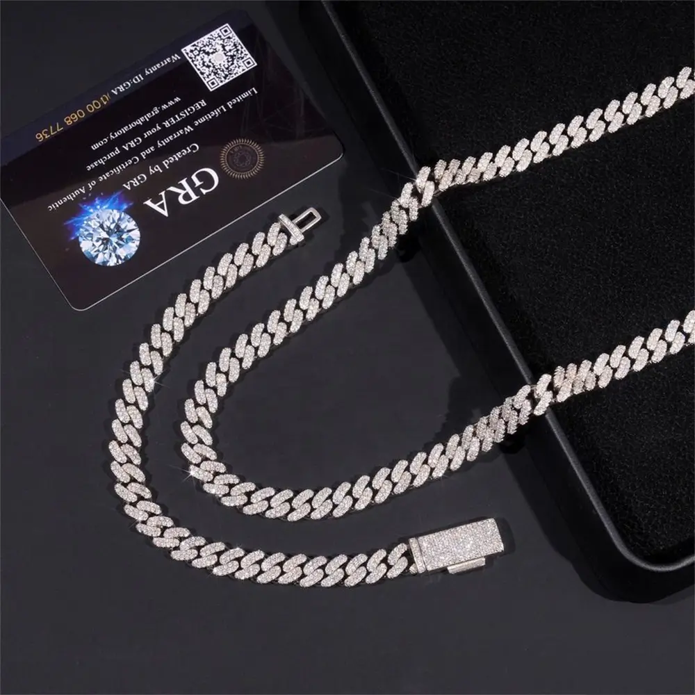 8MM S925 Silver 2 Rows VVS Moissanite Miami Cuban link Chain