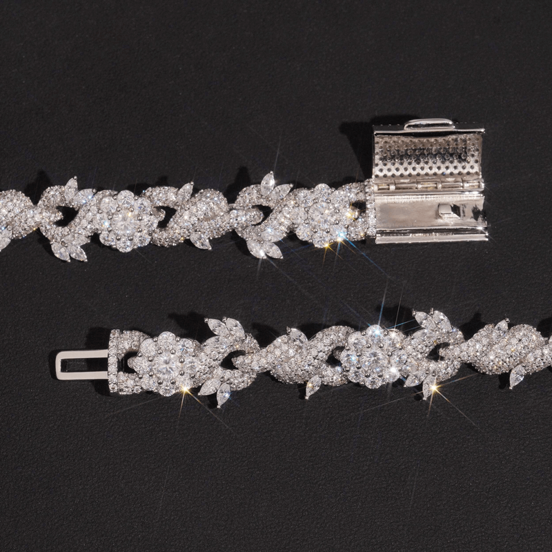 GL 15mm Flower Shape 925 Sterling Silver Iced Out Hip Hop 5A+  Diamond Bracelet Necklace