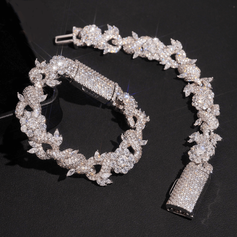 GL 15mm Flower Shape 925 Sterling Silver Iced Out Hip Hop 5A+  Diamond Bracelet Necklace