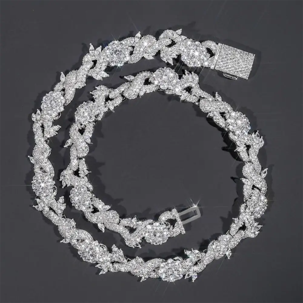 GL 15mm Flower Shape S925 Plated Iced Out Hip Hop 5A+  Diamond Bracelet Necklace