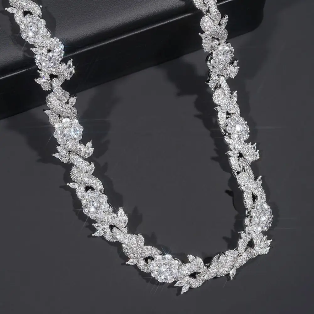 GL 15mm Flower Shape S925 Plated Iced Out Hip Hop 5A+  Diamond Bracelet Necklace