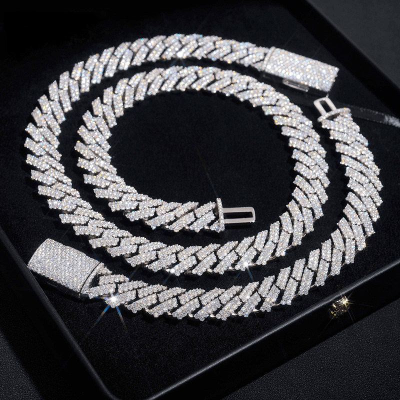 15MM S925 Silver 2 Rows VVS Moissanite Two Tone Cuban Link Chain