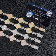 GL Iced Out Four Leaf Clover S925 Silver Moissanite Diamond Cuban Chain