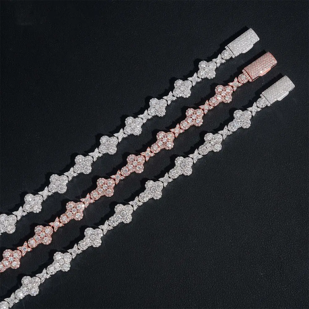 10MM 13MM S925 Silver Iced Out Clover VVS Moissanite Diamond Cuban Chain Bracelet