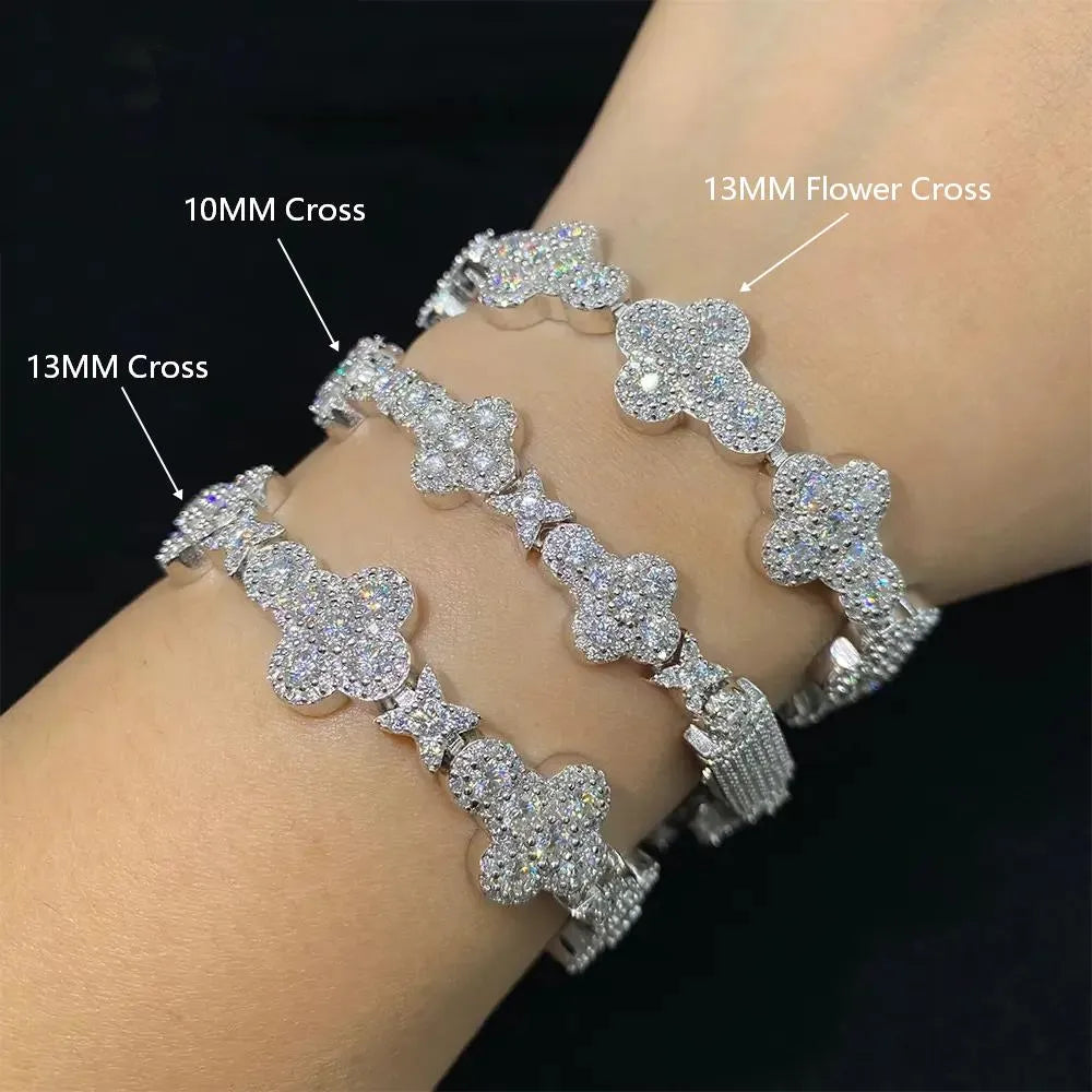 10MM 13MM S925 Silver Iced Out Clover VVS Moissanite Diamond Cuban Chain Bracelet