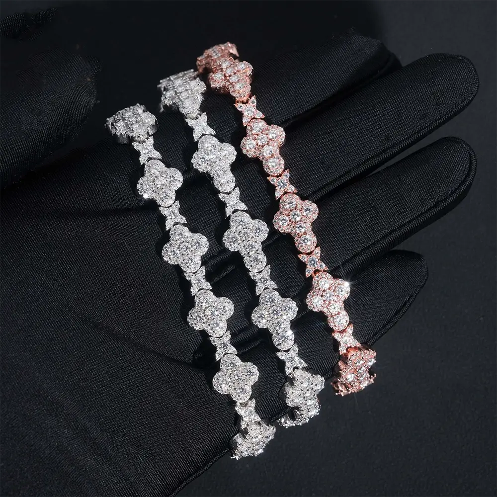 10MM 13MM S925 Silver Iced Out Clover VVS Moissanite Diamond Cuban Chain Bracelet