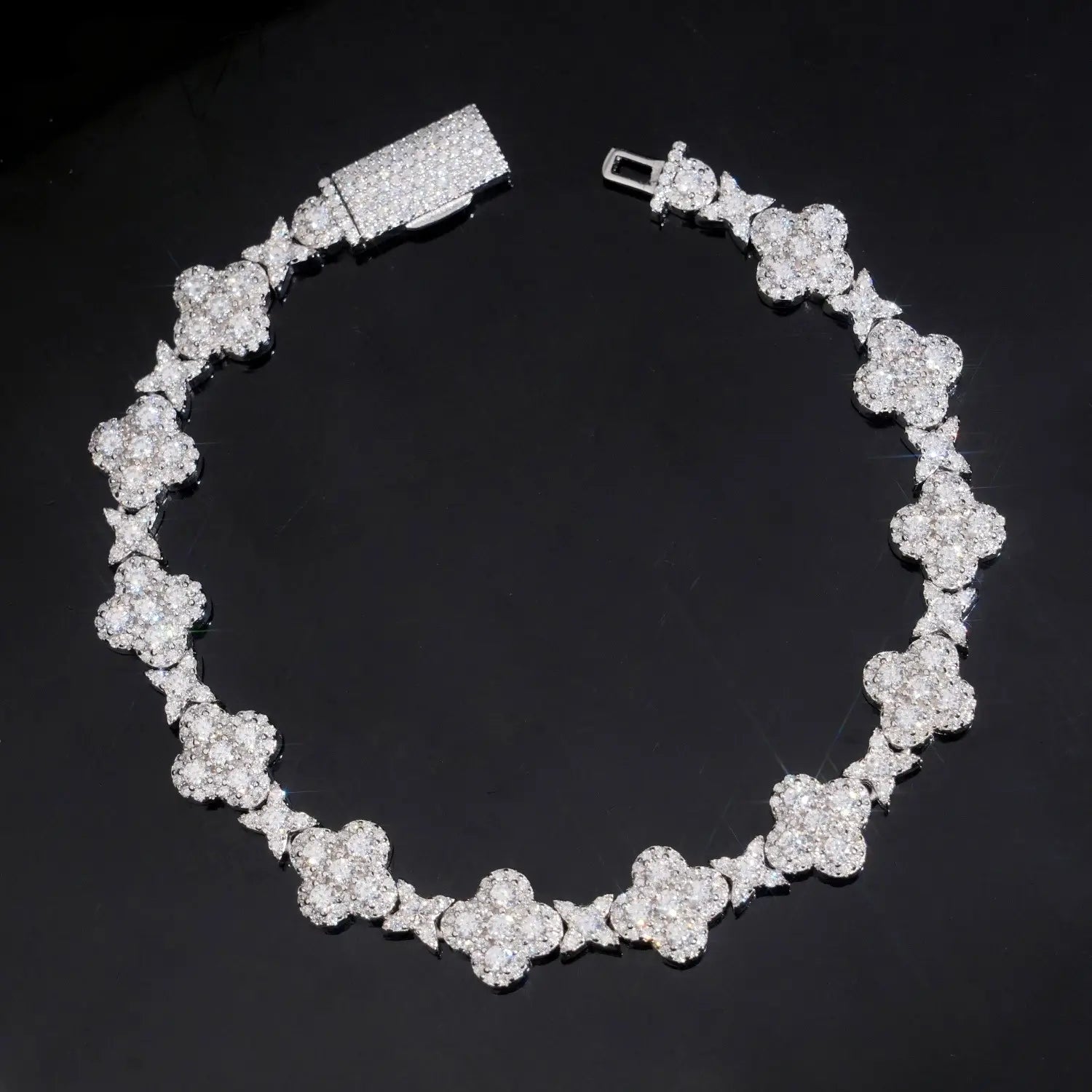 10MM 13MM S925 Silver Iced Out Clover VVS Moissanite Diamond Cuban Chain Bracelet