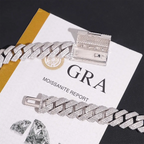 Cuban link moissanite bracelet with clasp on GRA moissanite report, diamond jewelry closeup