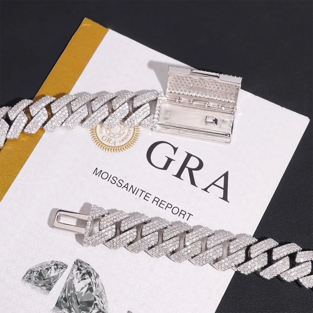 Cuban link moissanite bracelet with clasp on GRA moissanite report, diamond jewelry closeup