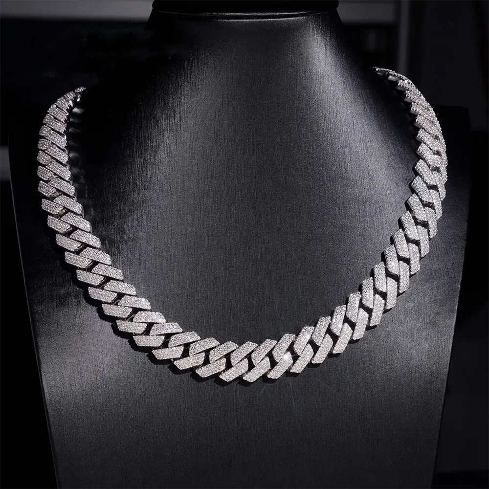 Diamond Cuban link chain necklace on black display, luxury jewelry, men's fashion accessory
