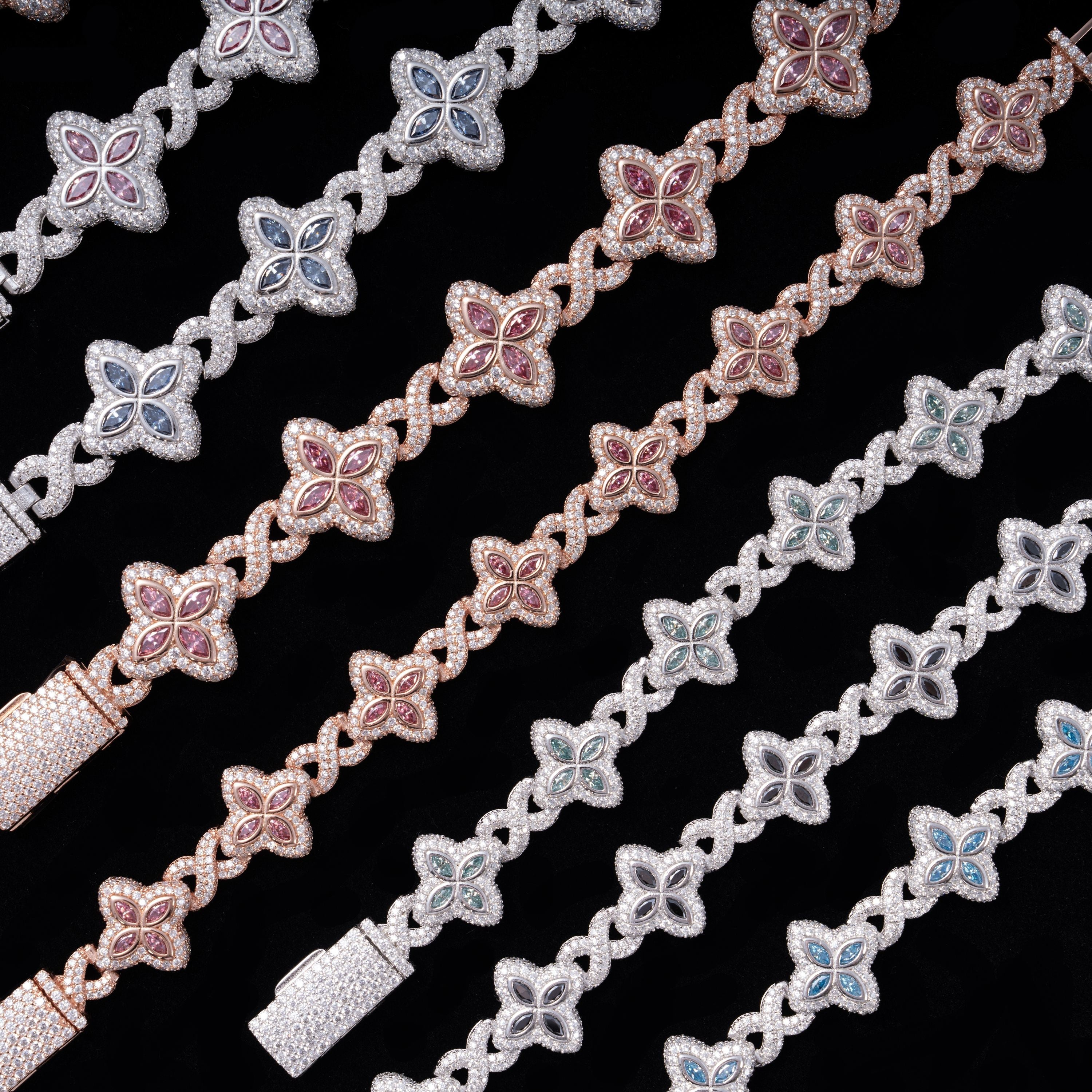 15MM 19MM S925 Silver Colored VVS Moissanite 4-Leaf Clover Infinity Link Bracelet