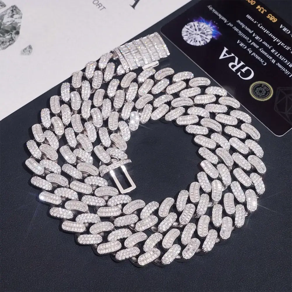 15MM S925 Silver VVS Moissanit Baguette Miami Cuban Link Chain