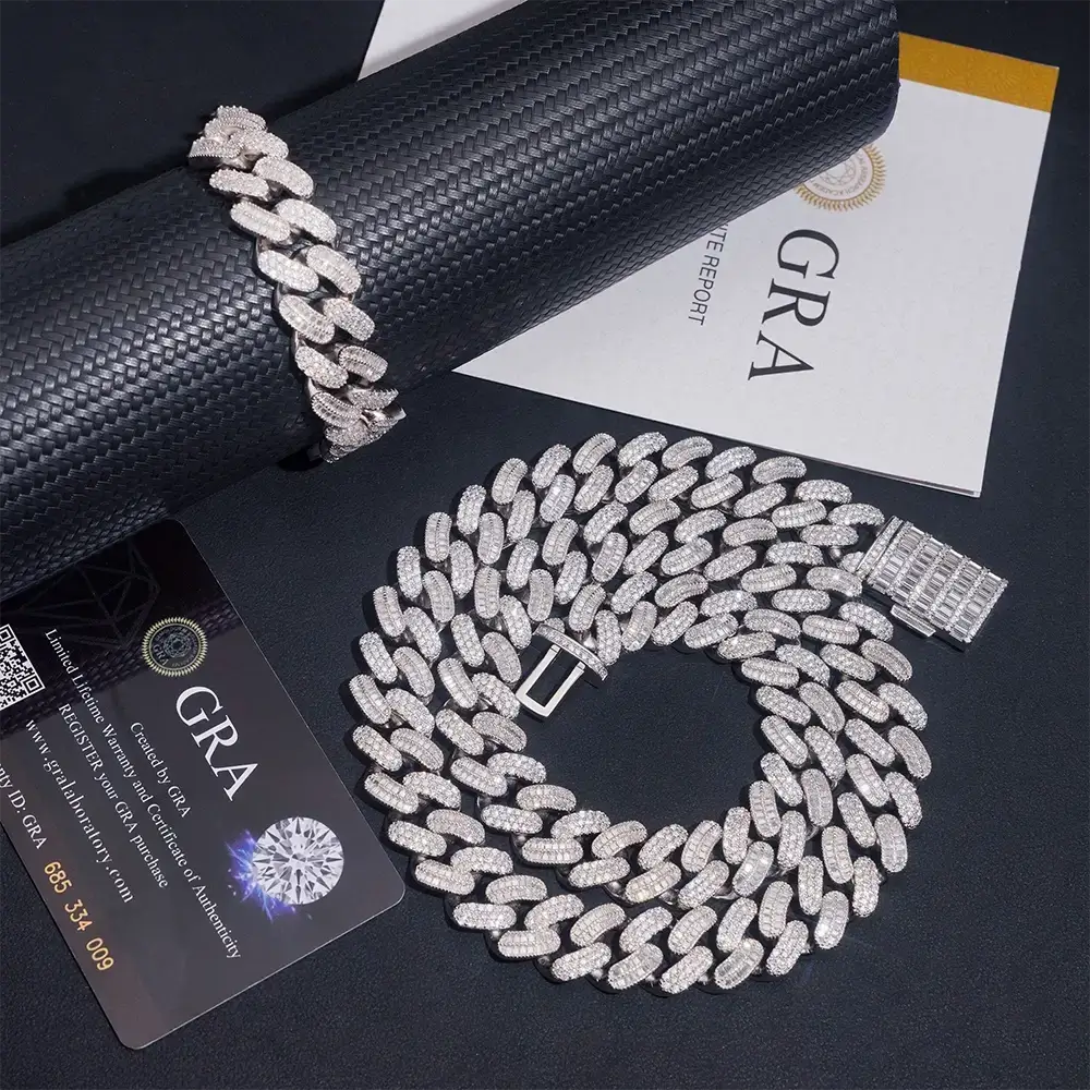 15MM S925 Silver VVS Moissanit Baguette Miami Cuban Link Chain