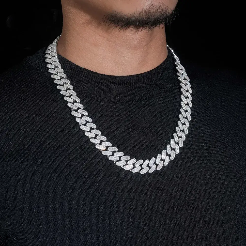 15MM S925 Silver VVS Moissanit Baguette Miami Cuban Link Chain