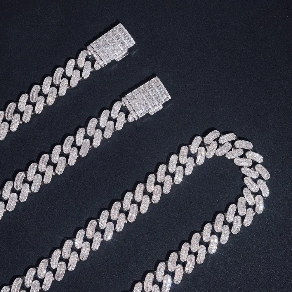 15MM S925 Silver VVS Moissanit Baguette Miami Cuban Link Chain