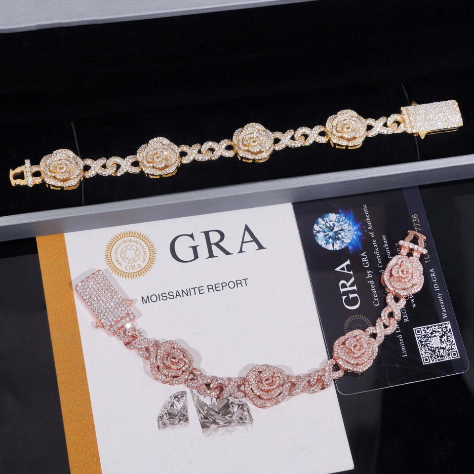 16.5MM S925 Silver Infinity Link Rose VVS Moissanite Cuban Chain Bracelet