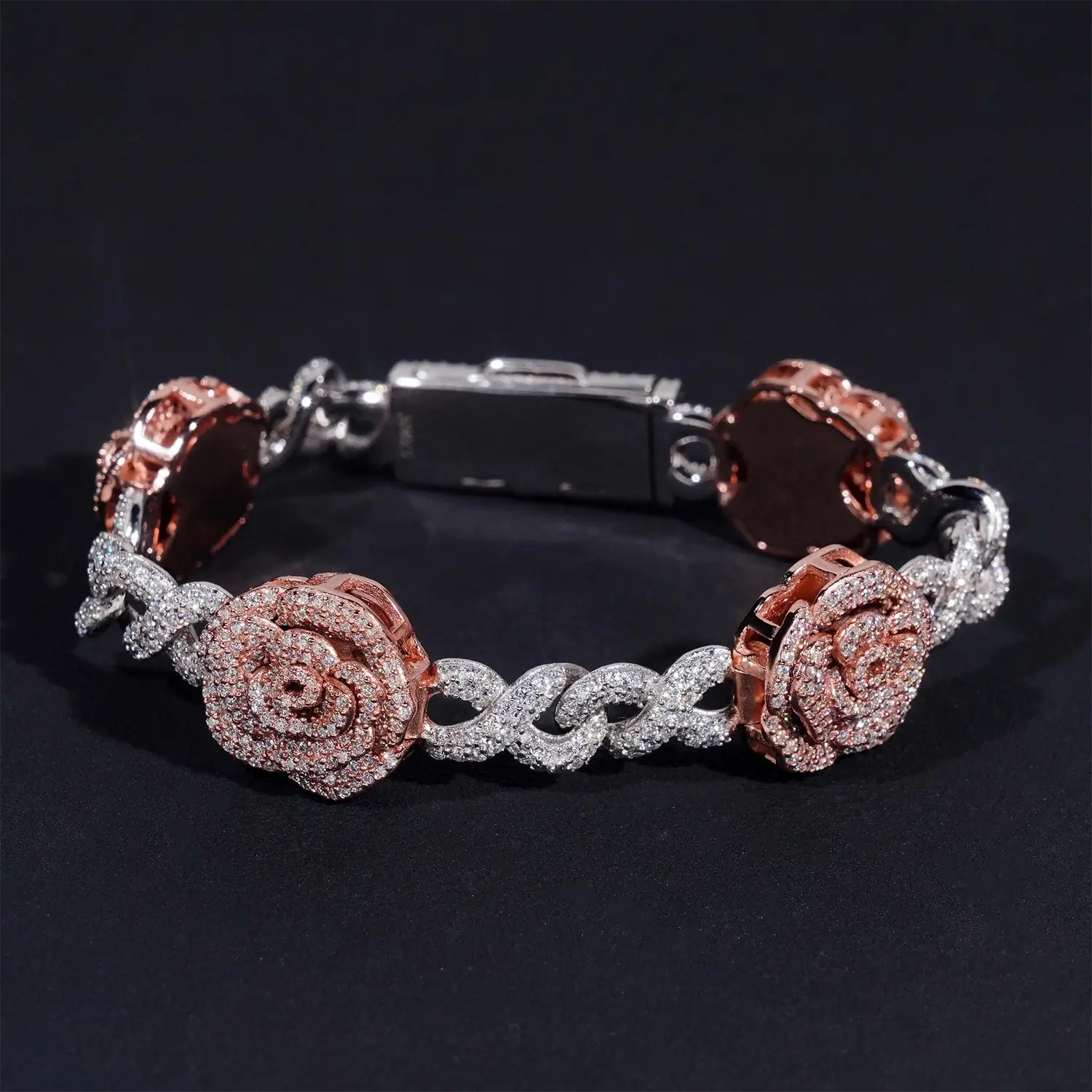 16.5MM S925 Silver Infinity Link Rose VVS Moissanite Cuban Chain Bracelet