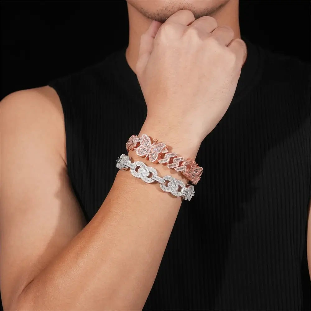 15MM S925 Silver Butterfly Trapezoid VVS Moissanite Cuban Chain Bracelet