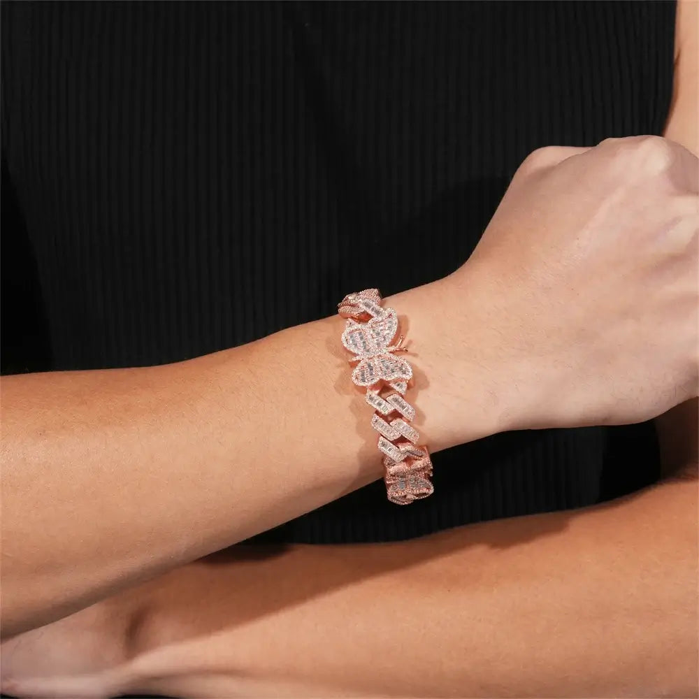 15MM S925 Silver Butterfly Trapezoid VVS Moissanite Cuban Chain Bracelet