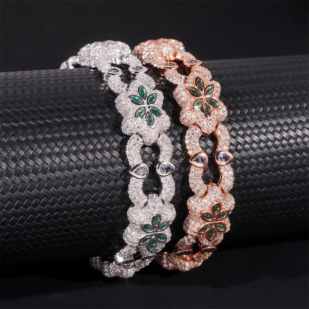 13.5MM S925 Silver Six-leaf Clover Colorful VVS Moissanite Cuban Link Chain Bracelet
