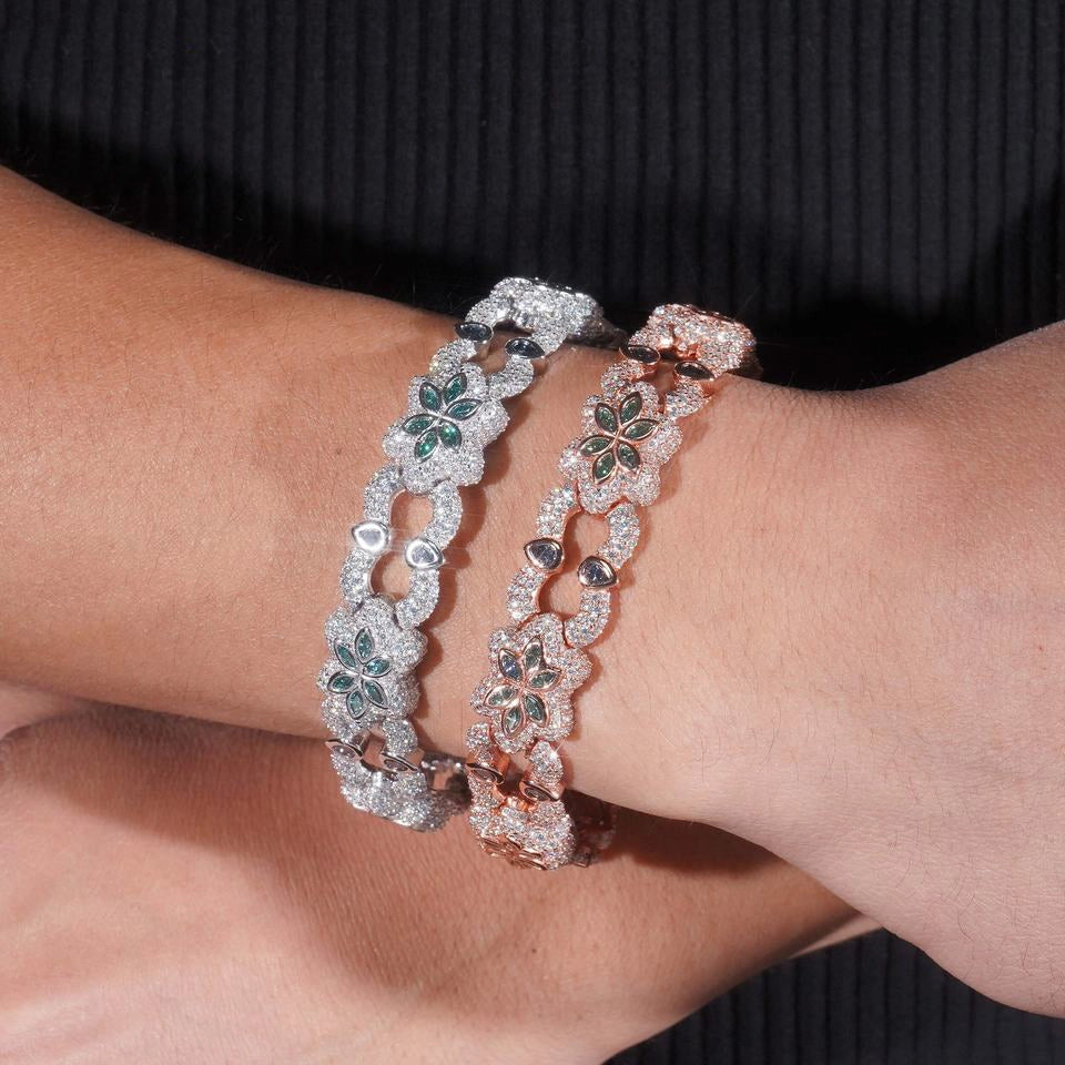 13.5MM S925 Silver Six-leaf Clover Colorful VVS Moissanite Cuban Link Chain Bracelet Main image