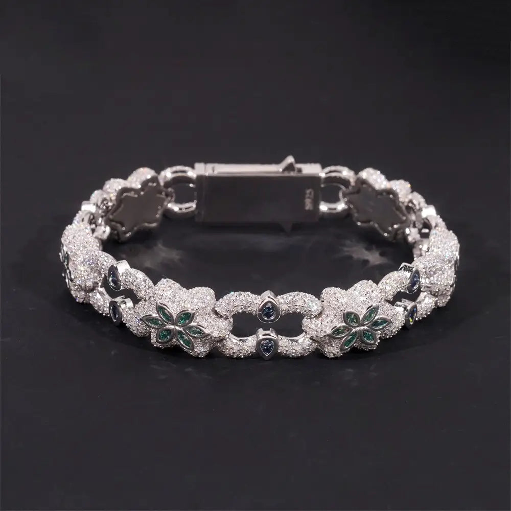 13.5MM S925 Silver Six-leaf Clover Colorful VVS Moissanite Cuban Link Chain Bracelet