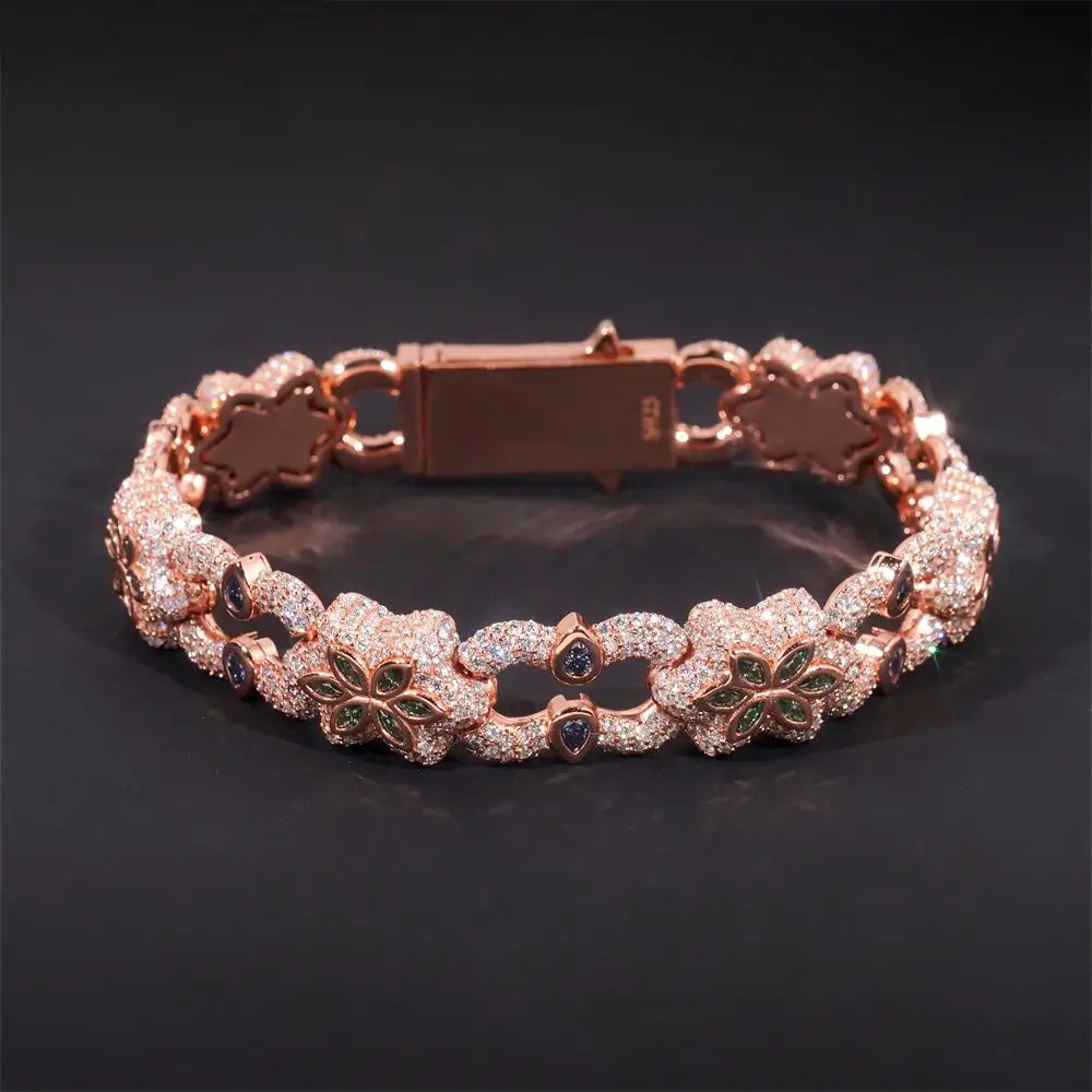 13.5MM S925 Silver Six-leaf Clover Colorful VVS Moissanite Cuban Link Chain Bracelet