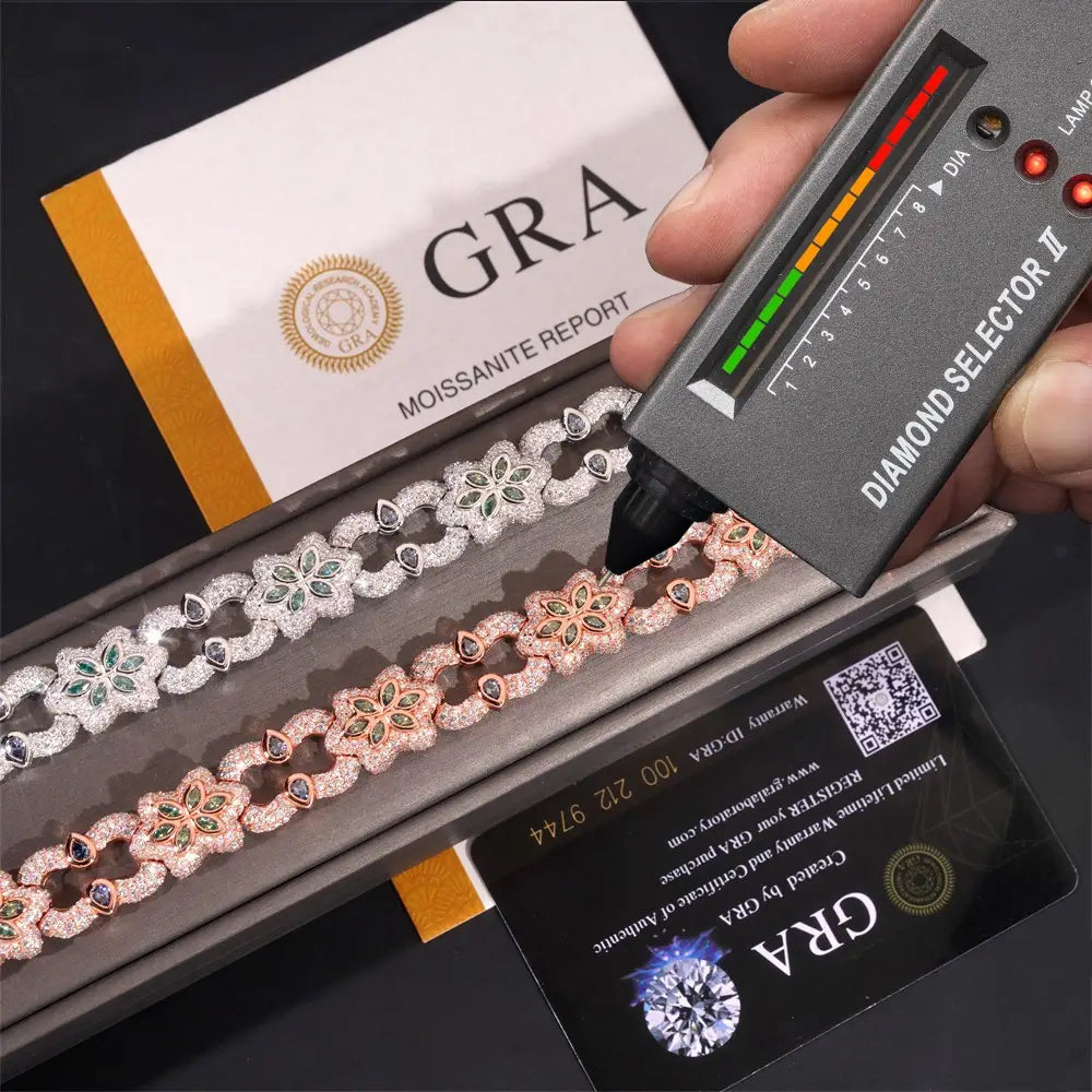 13.5MM Six-leaf Clover Colorful VVS Moissanite Cuban Link Chain Bracelet