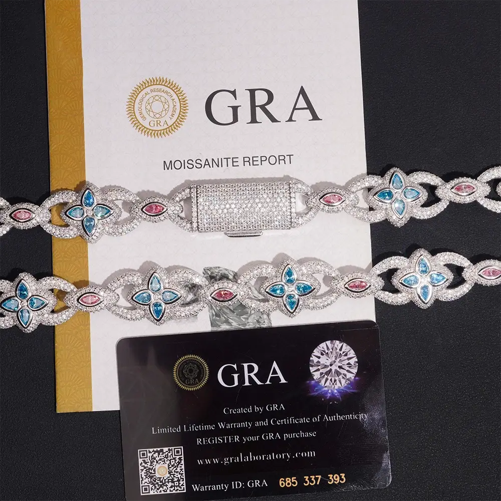 Moissanite iced out bracelet with blue and pink stones, GRA certificate and authenticity card