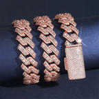 Rose gold iced out Cuban link bracelets with rectangular diamond clasp on dark background