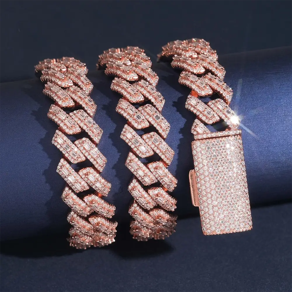 Rose gold iced out Cuban link bracelets with rectangular diamond clasp on dark background