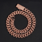 Rose gold Cuban link chain necklace with box clasp on black background