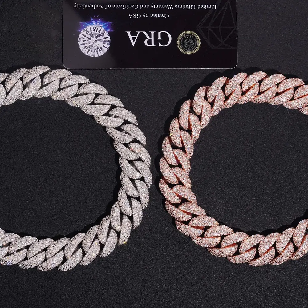 15MM S925 Silver 3 Rows Miami VVS Moissanite Cuban Link Chain