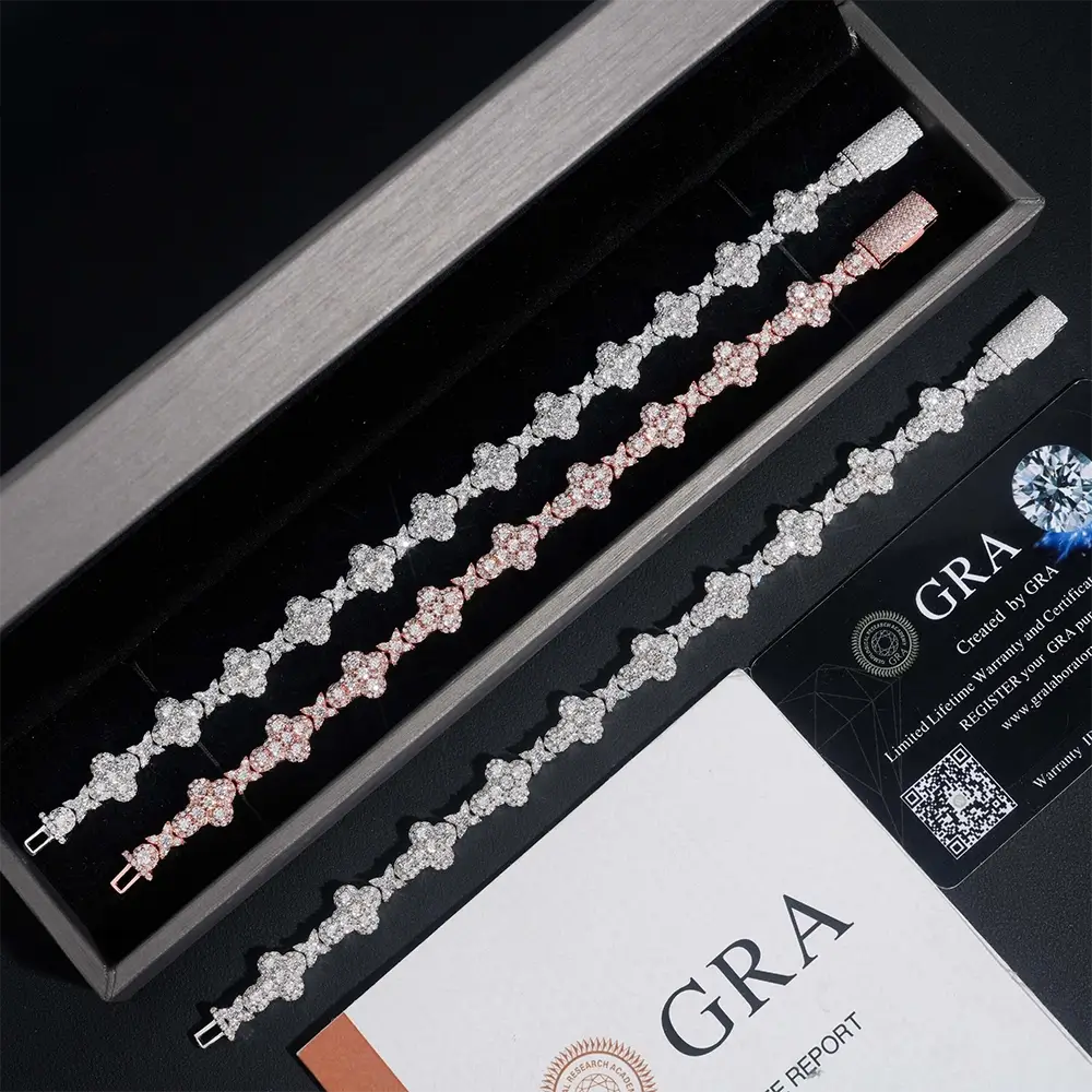 10MM 13MM S925 Silver Iced Out Clover VVS Moissanite Diamond Cuban Chain Bracelet